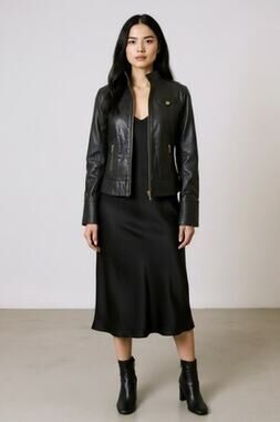 Y2K Arden B Lamb Leather Moto Jacket Black Gold Zip High Collar Size S